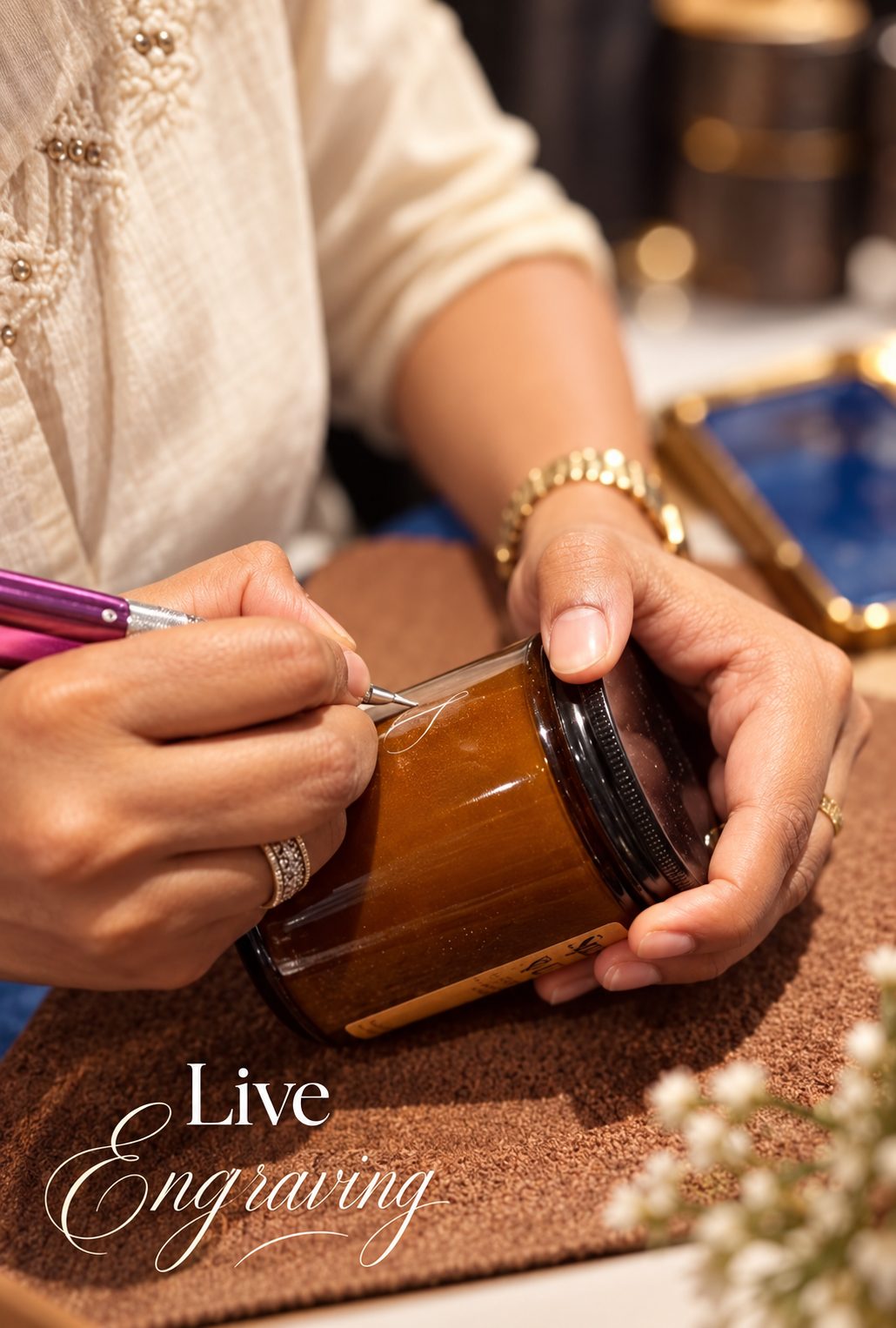 Live engraving on a perfume bottle