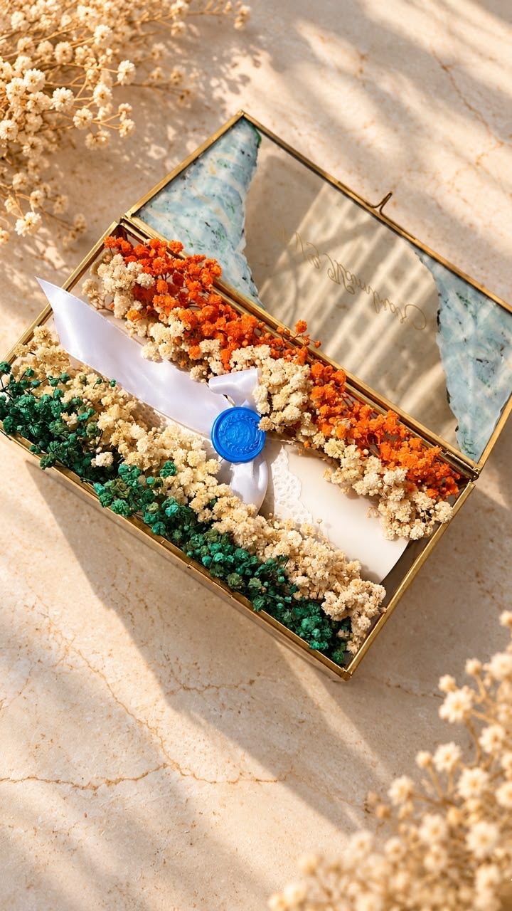 Handwritten scroll letter in a glass keepsake box